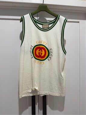 Gucci Kids Cream Tank Top with Green Trim and Multicolor Logo
